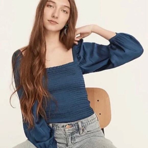 J.CREW | NWT Featherweight Smocked Square Neck Cropped Top Black Satin Size XS - Picture 8 of 13